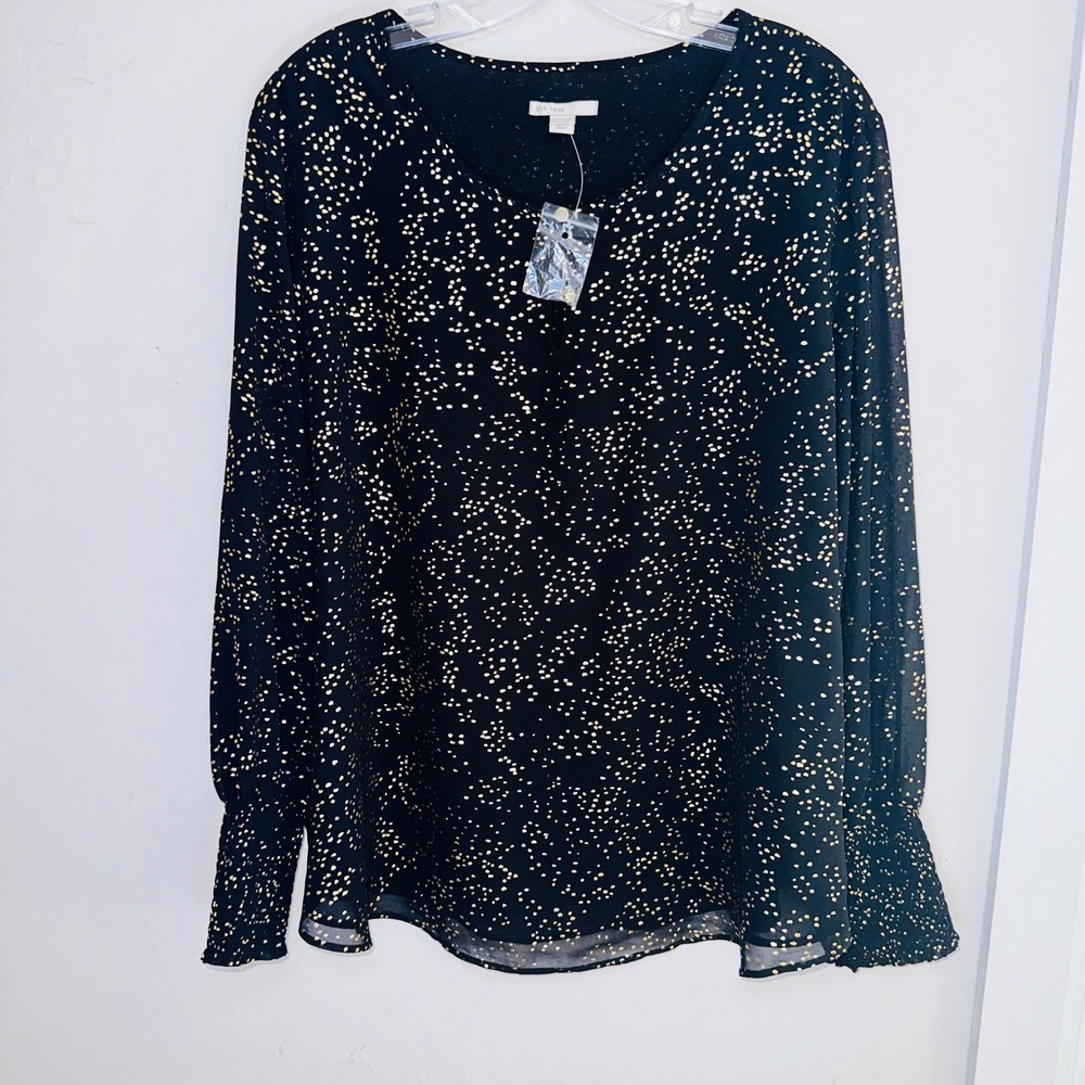 EST. 1946 Women Black Gold Metallic Foil Dot V-Neck Smocked Cuff Blouse 18/20W